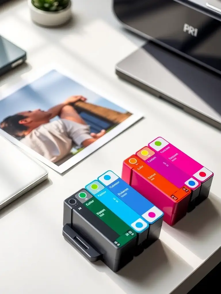 A vibrant image of the Color Ink Set for EcoPrint, showcasing the rich colors and eco-friendly packaging, placed on a desk with a printed photo.