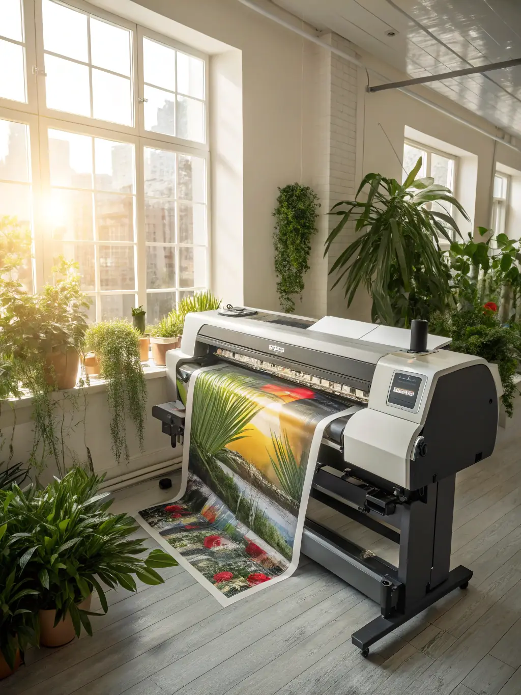 A close-up shot of the EcoPrint 200 printer, highlighting its sleek design and eco-friendly materials, set in a modern office environment with plants in the background.